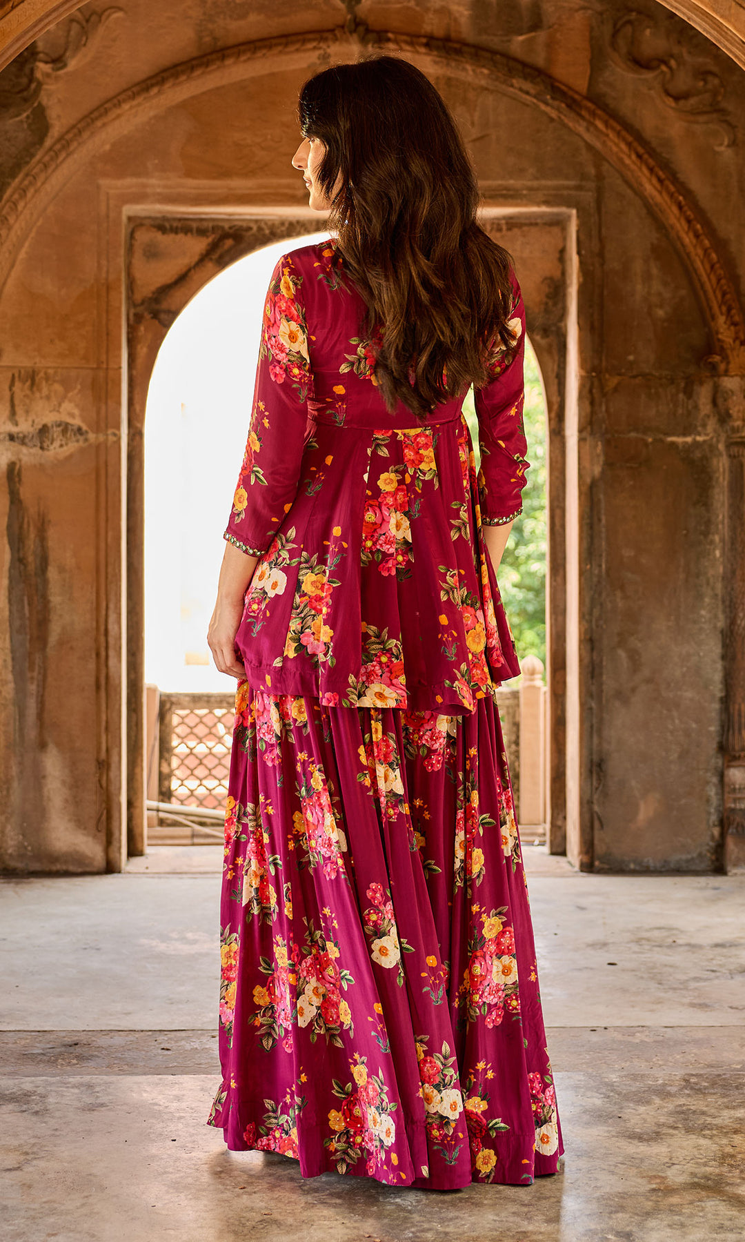 Zoya Wine Floral Angrakha Sharara Set (set of 3)