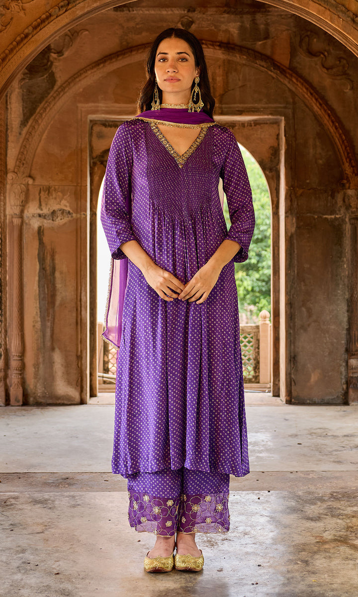Zoya Purple Bandhej Pintuck Kurta with Palazzo and Chiffon Dupatta (set of 3)