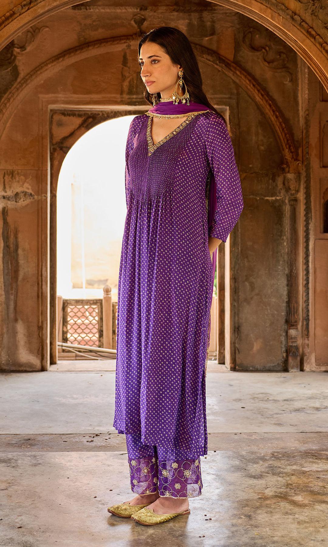 Zoya Purple Bandhej Pintuck Kurta with Palazzo and Chiffon Dupatta (set of 3)