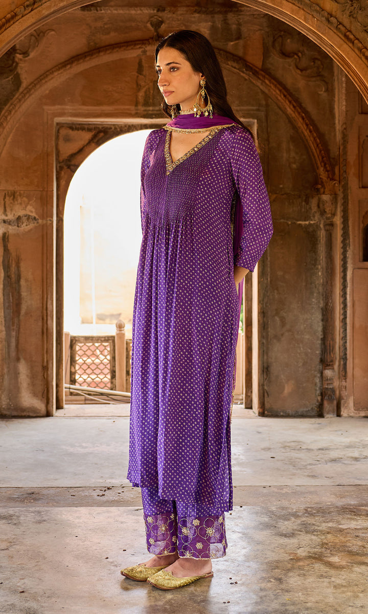 Zoya Purple Bandhej Pintuck Kurta with Palazzo and Chiffon Dupatta (set of 3)