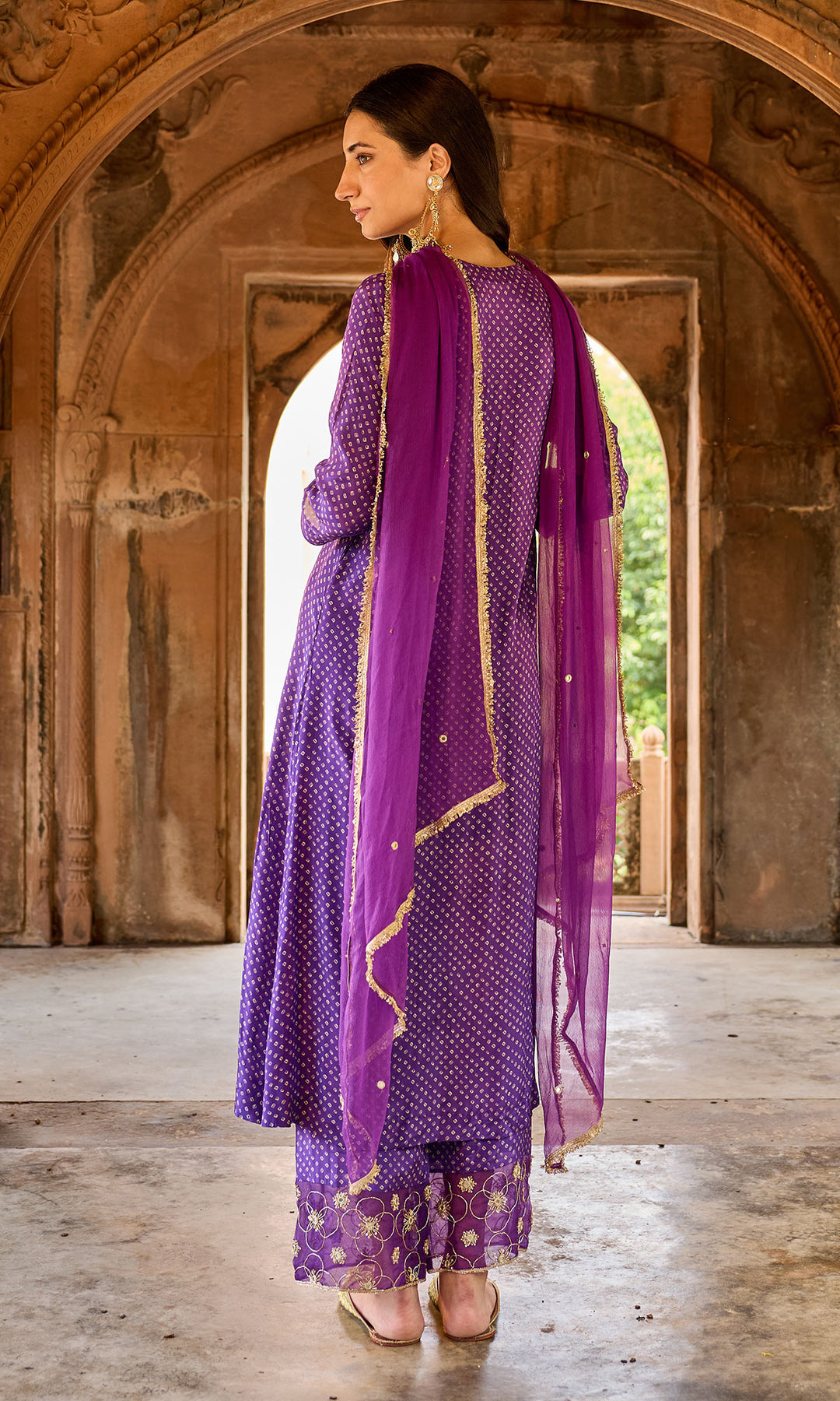 Zoya Purple Bandhej Pintuck Kurta with Palazzo and Chiffon Dupatta (set of 3)