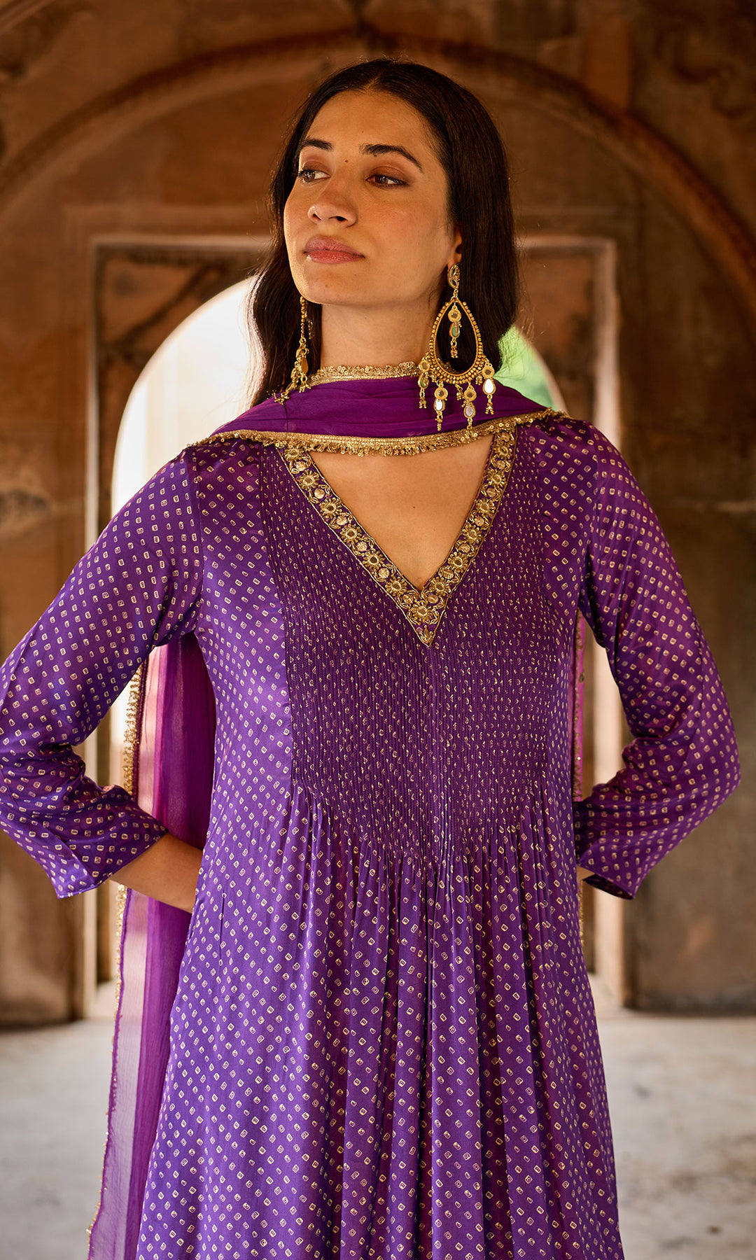 Zoya Purple Bandhej Pintuck Kurta with Palazzo and Chiffon Dupatta (set of 3)