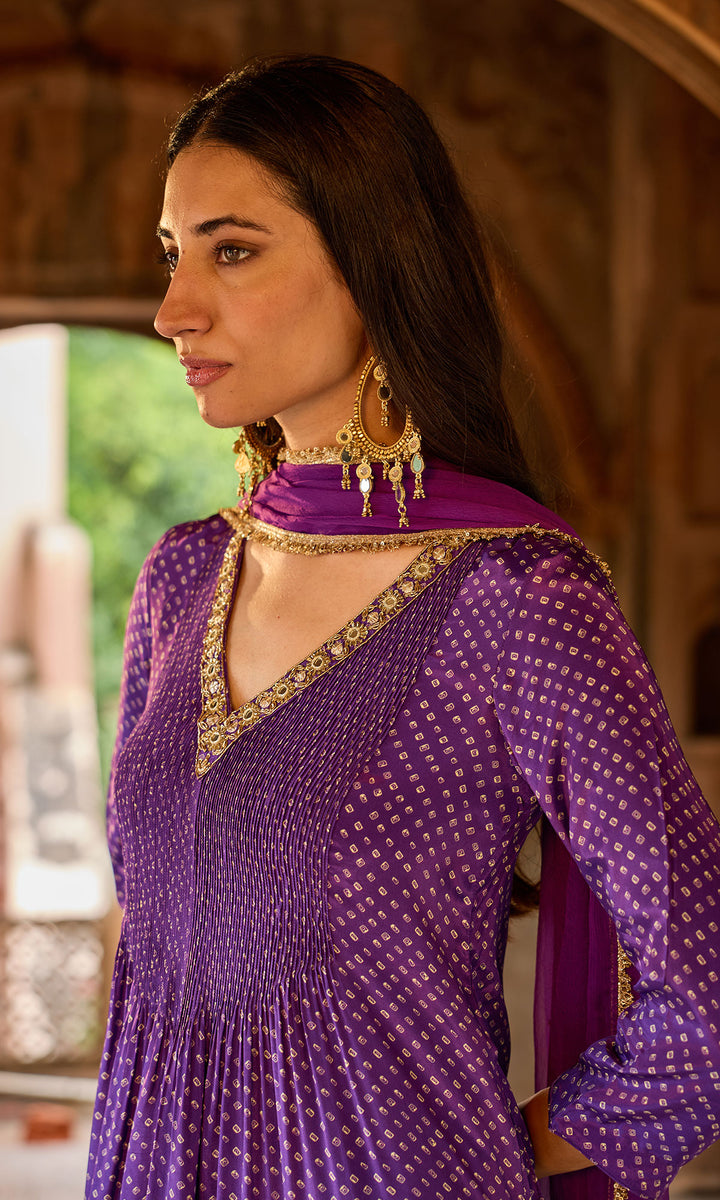 Zoya Purple Bandhej Pintuck Kurta with Palazzo and Chiffon Dupatta (set of 3)