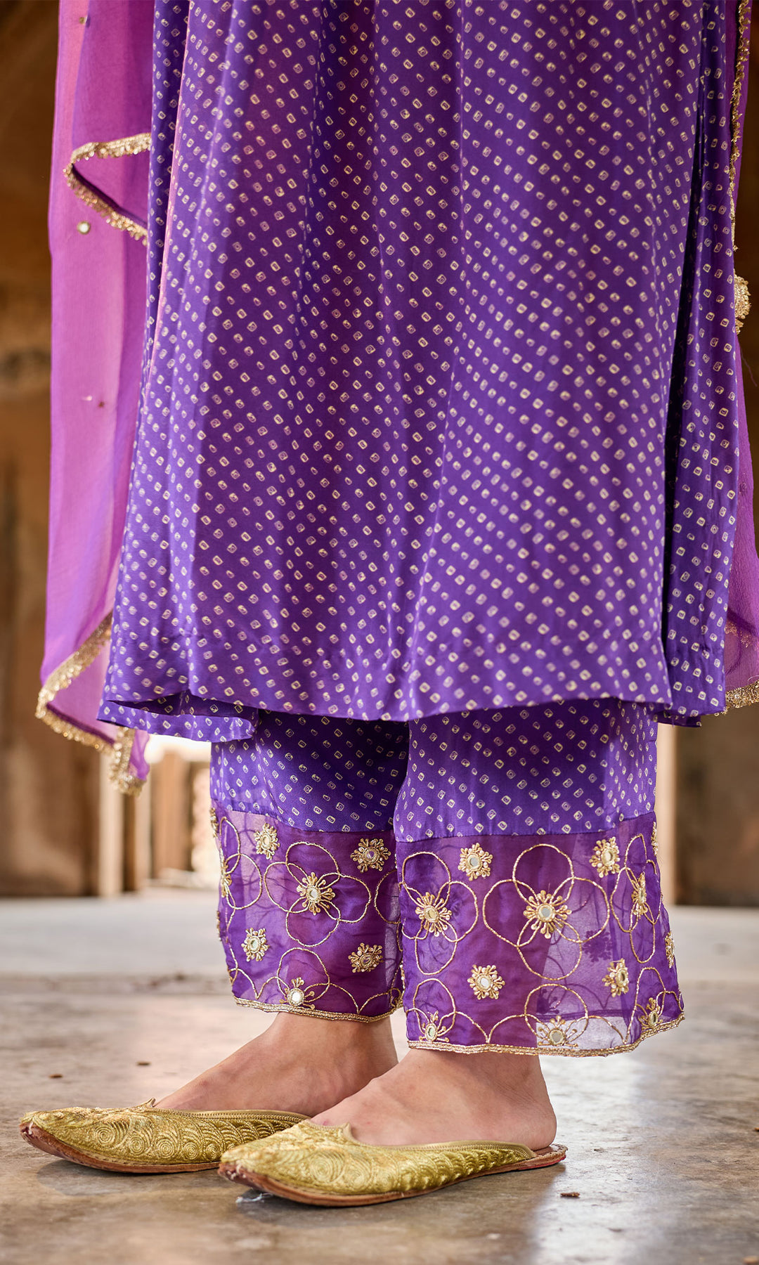 Zoya Purple Bandhej Pintuck Kurta with Palazzo and Chiffon Dupatta (set of 3)