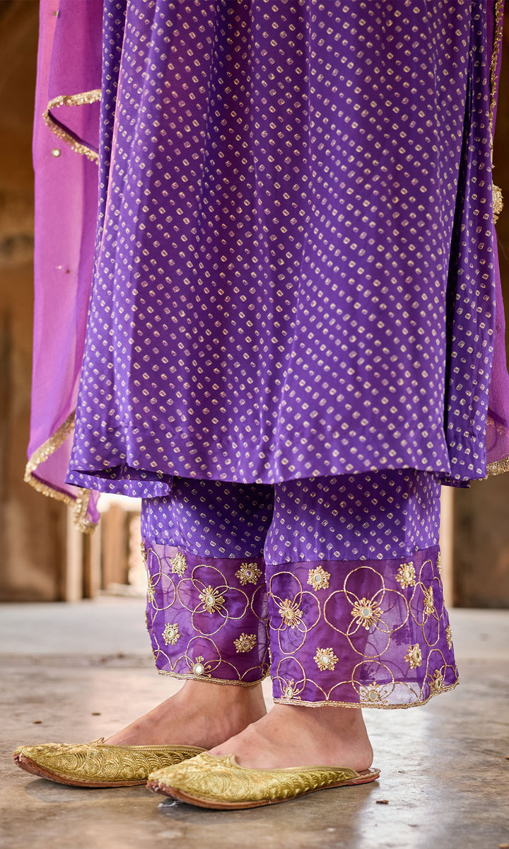 Zoya Purple Bandhej Pintuck Kurta with Palazzo and Chiffon Dupatta (set of 3)