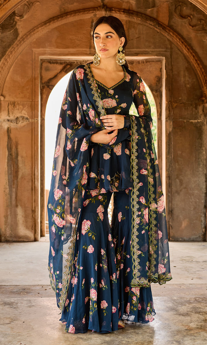 Zoya Navy blue floral embroidered garara set (set of 3)