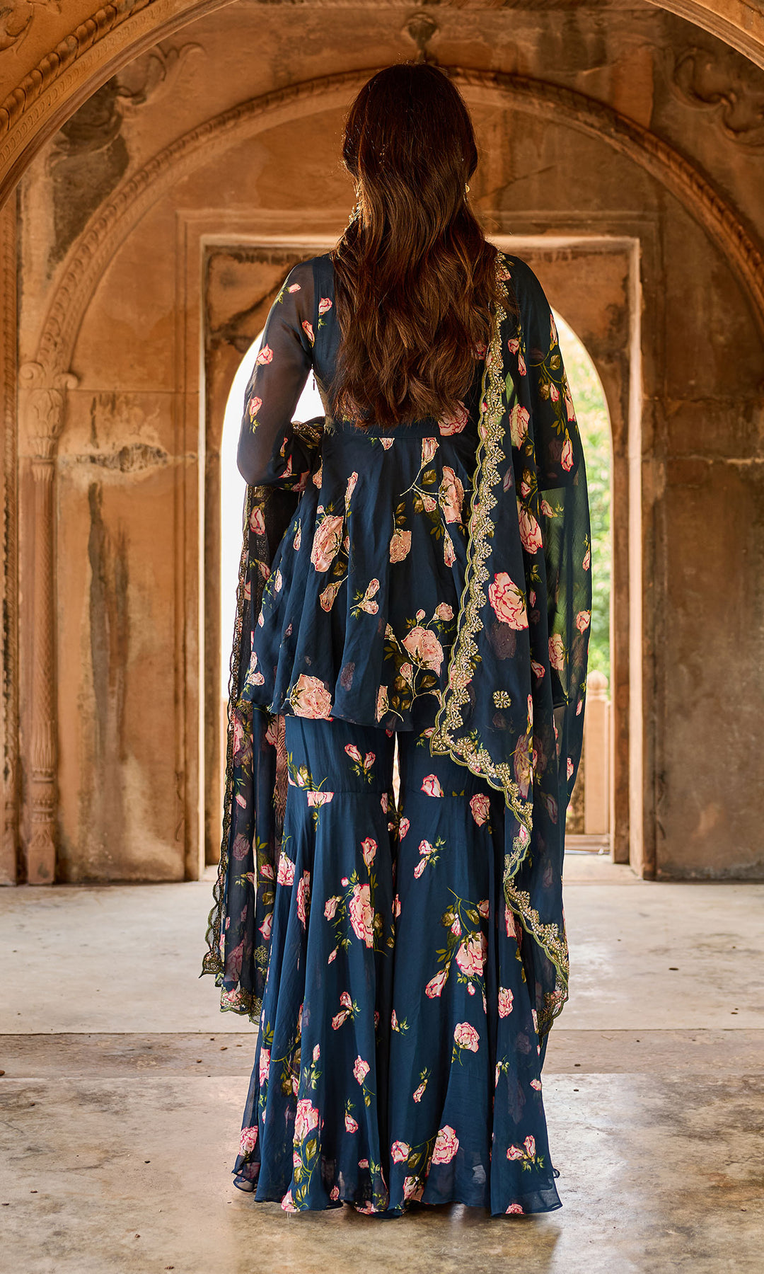 Zoya Navy blue floral embroidered garara set (set of 3)