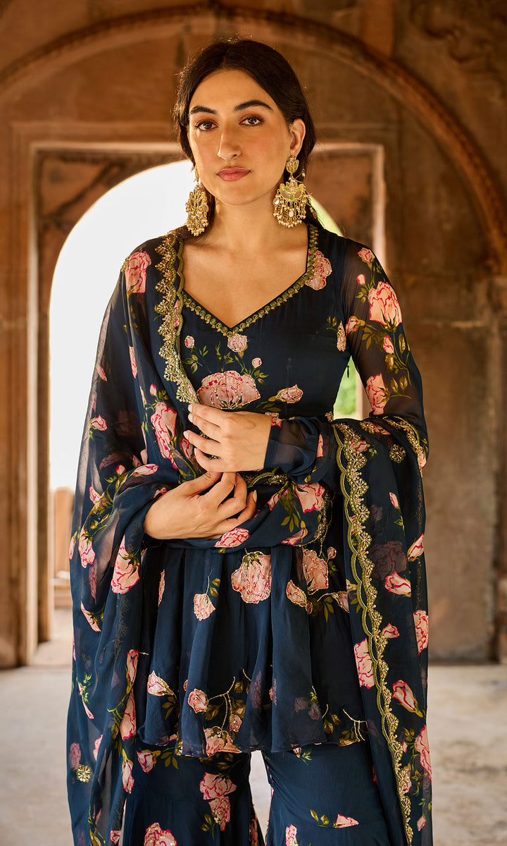 Zoya Navy blue floral embroidered garara set (set of 3)