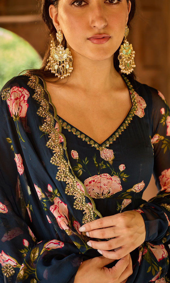 Zoya Navy blue floral embroidered garara set (set of 3)