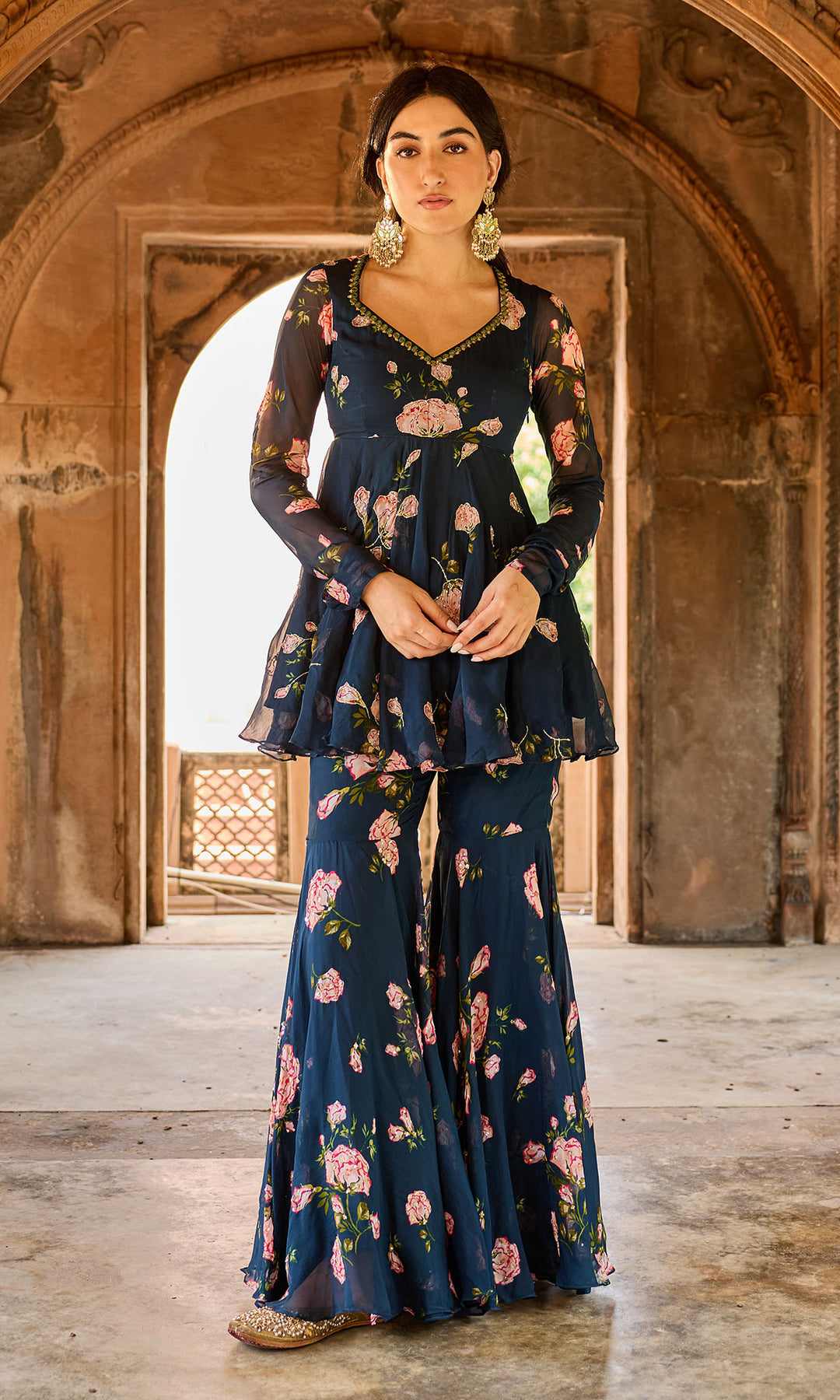 Zoya Navy blue floral embroidered garara set (set of 3)