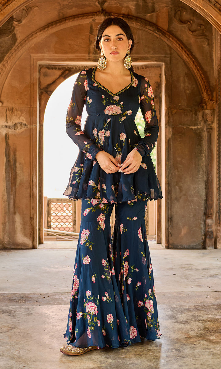 Zoya Navy blue floral embroidered garara set (set of 3)