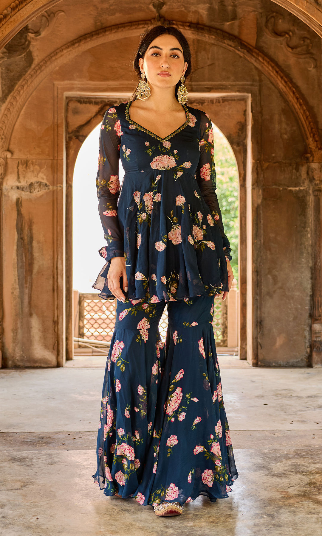 Zoya Navy blue floral embroidered garara set (set of 3)