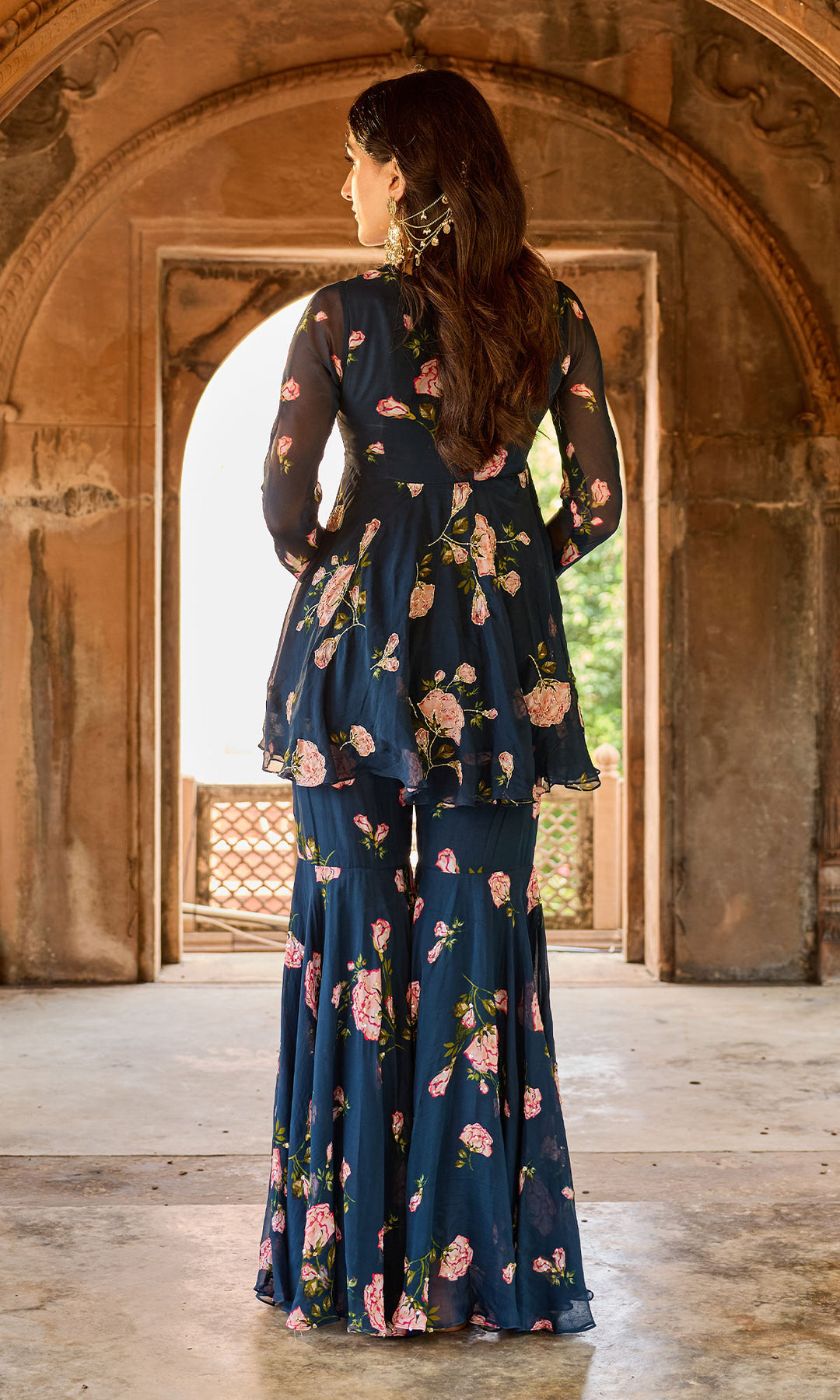 Zoya Navy blue floral embroidered garara set (set of 3)