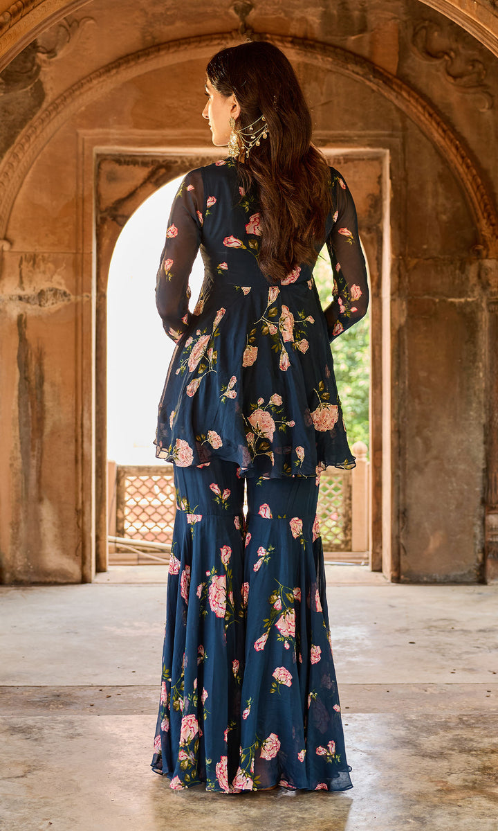 Zoya Navy blue floral embroidered garara set (set of 3)