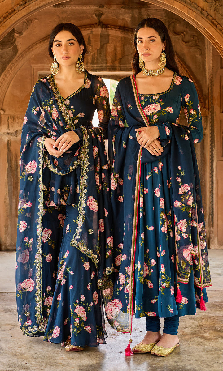 Zoya Navy blue floral embroidered garara set (set of 3)