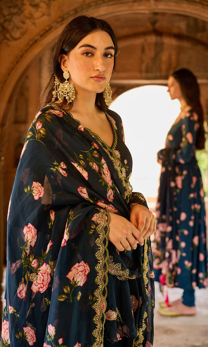 Zoya Navy blue floral embroidered garara set (set of 3)