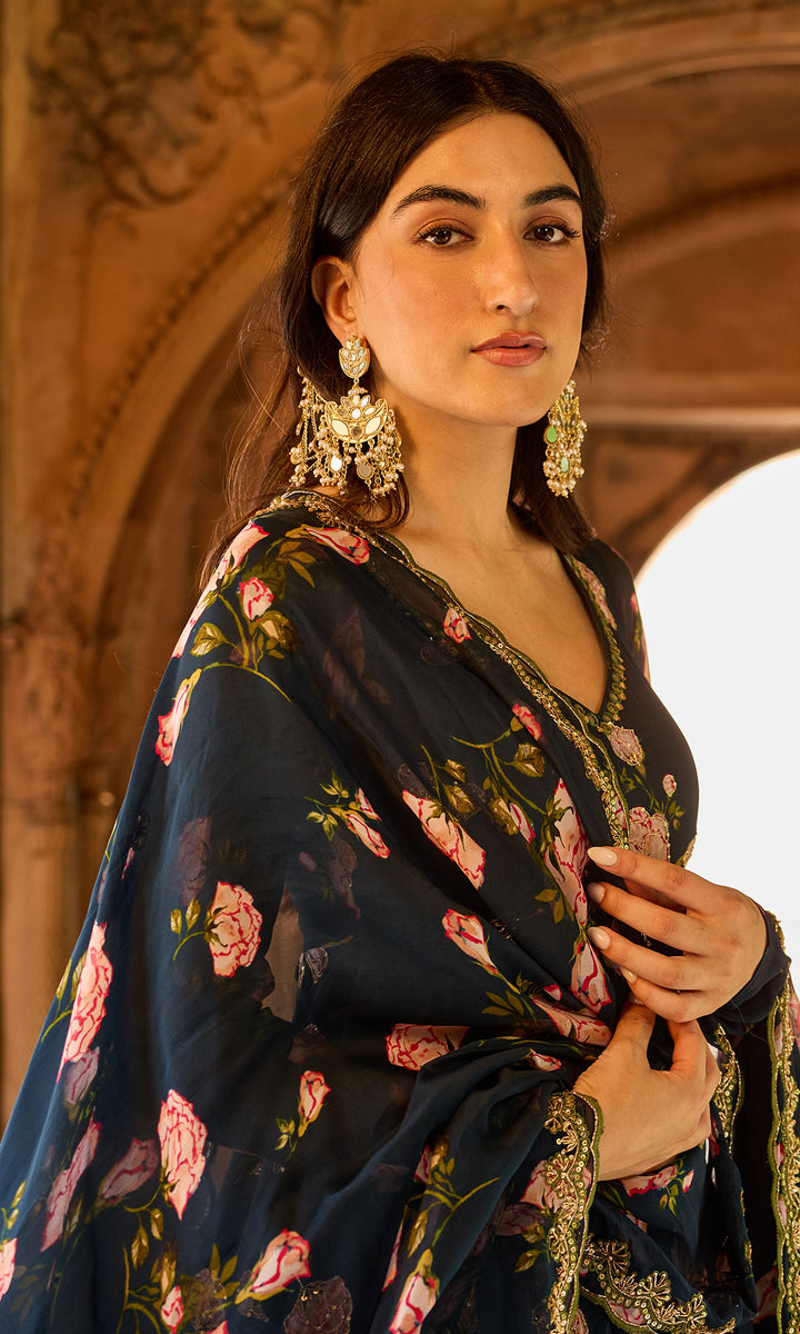 Zoya Navy blue floral embroidered garara set (set of 3)