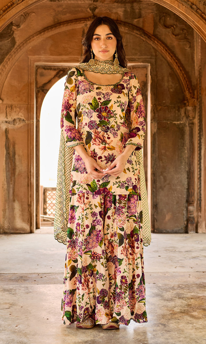 Zoya Peach Floral Short Straight Kurta with Sharara and Dupatta (set of 3)