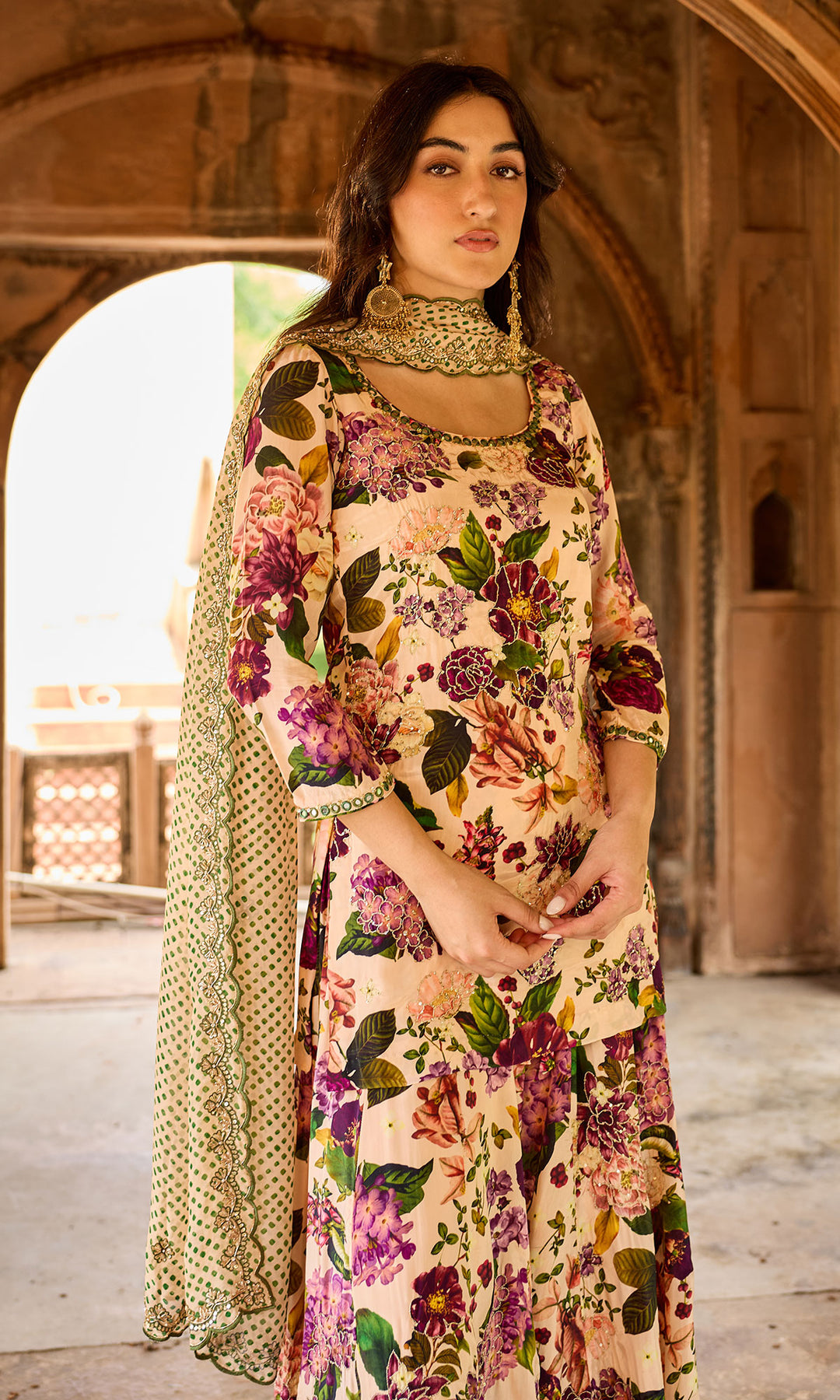 Zoya Peach Floral Short Straight Kurta with Sharara and Dupatta (set of 3)