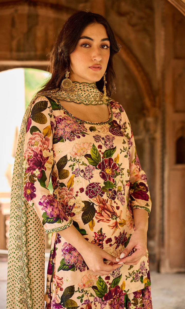 Zoya Peach Floral Short Straight Kurta with Sharara and Dupatta (set of 3)