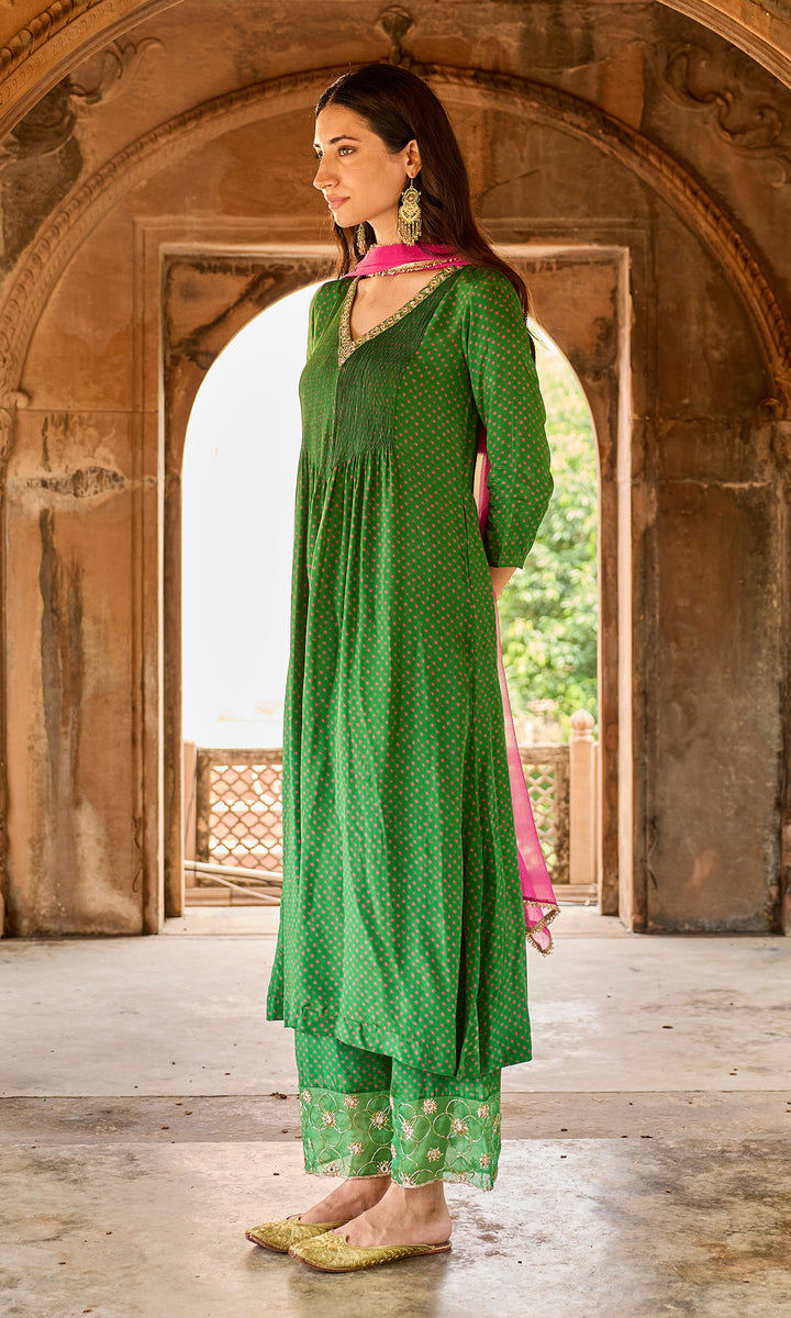Zoya Green Bandhej Pintuck Kurta with Palazzo and Chiffon Dupatta (set of 3)