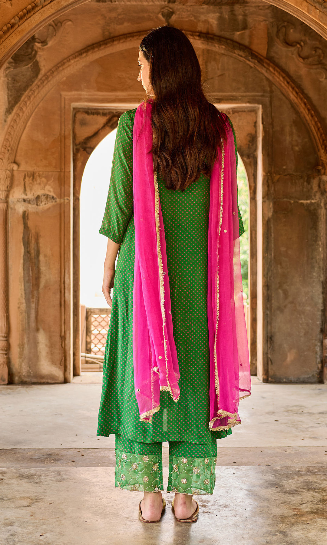 Zoya Green Bandhej Pintuck Kurta with Palazzo and Chiffon Dupatta (set of 3)