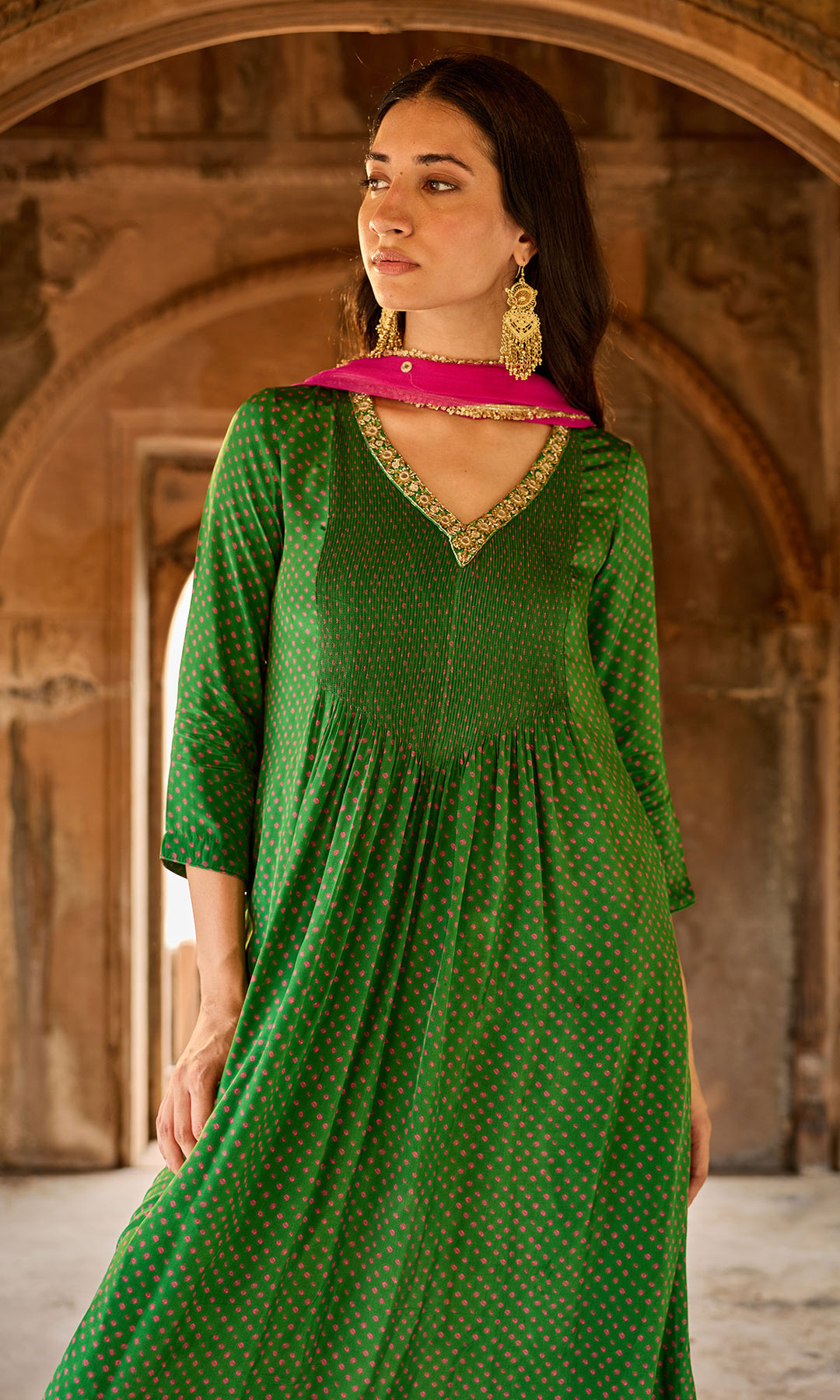Zoya Green Bandhej Pintuck Kurta with Palazzo and Chiffon Dupatta (set of 3)