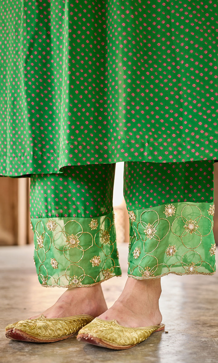 Zoya Green Bandhej Pintuck Kurta with Palazzo and Chiffon Dupatta (set of 3)