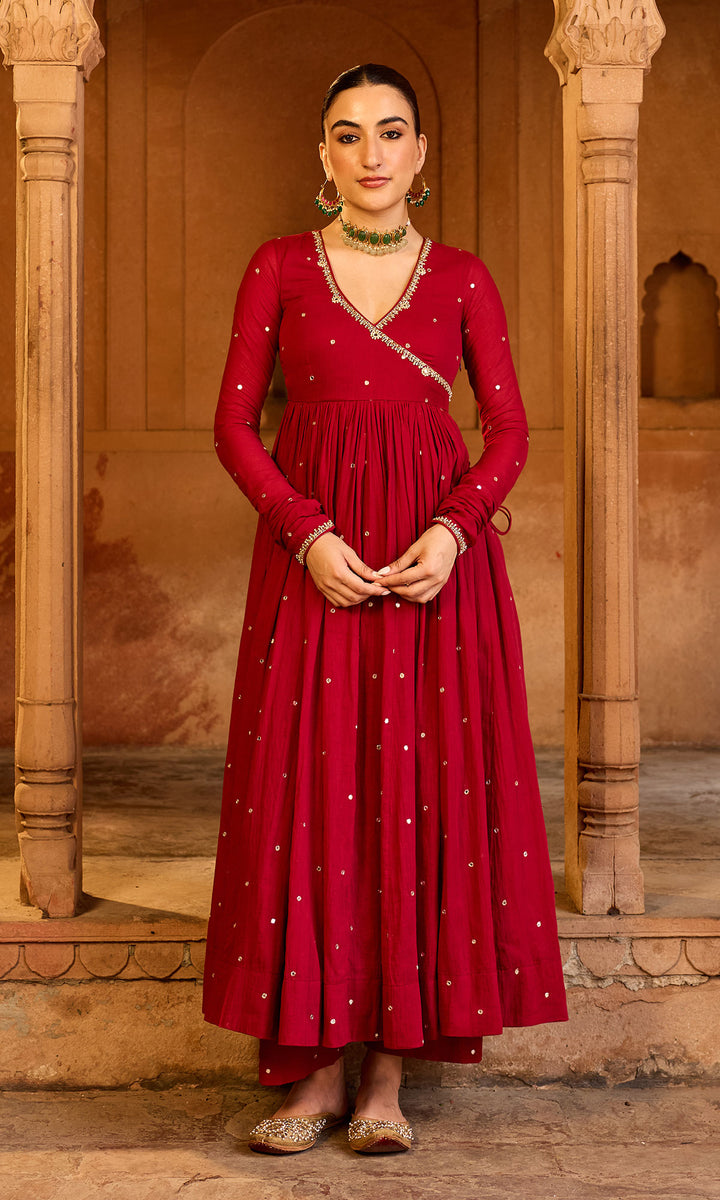 Boond 3.0 red solid angrakha anarkali with palazzo and  dupatta (set of 3)