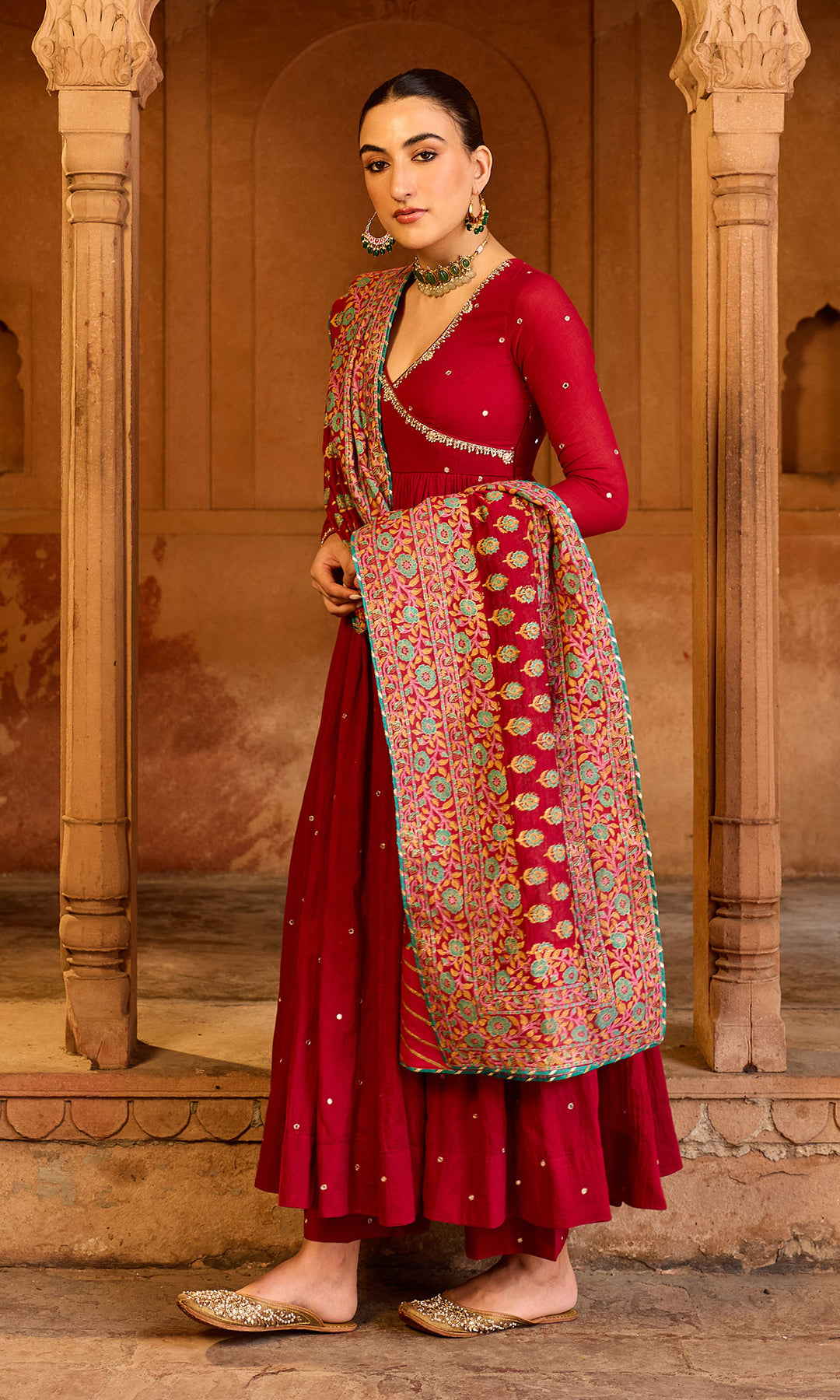 Boond 3.0 red solid angrakha anarkali with palazzo and  dupatta (set of 3)