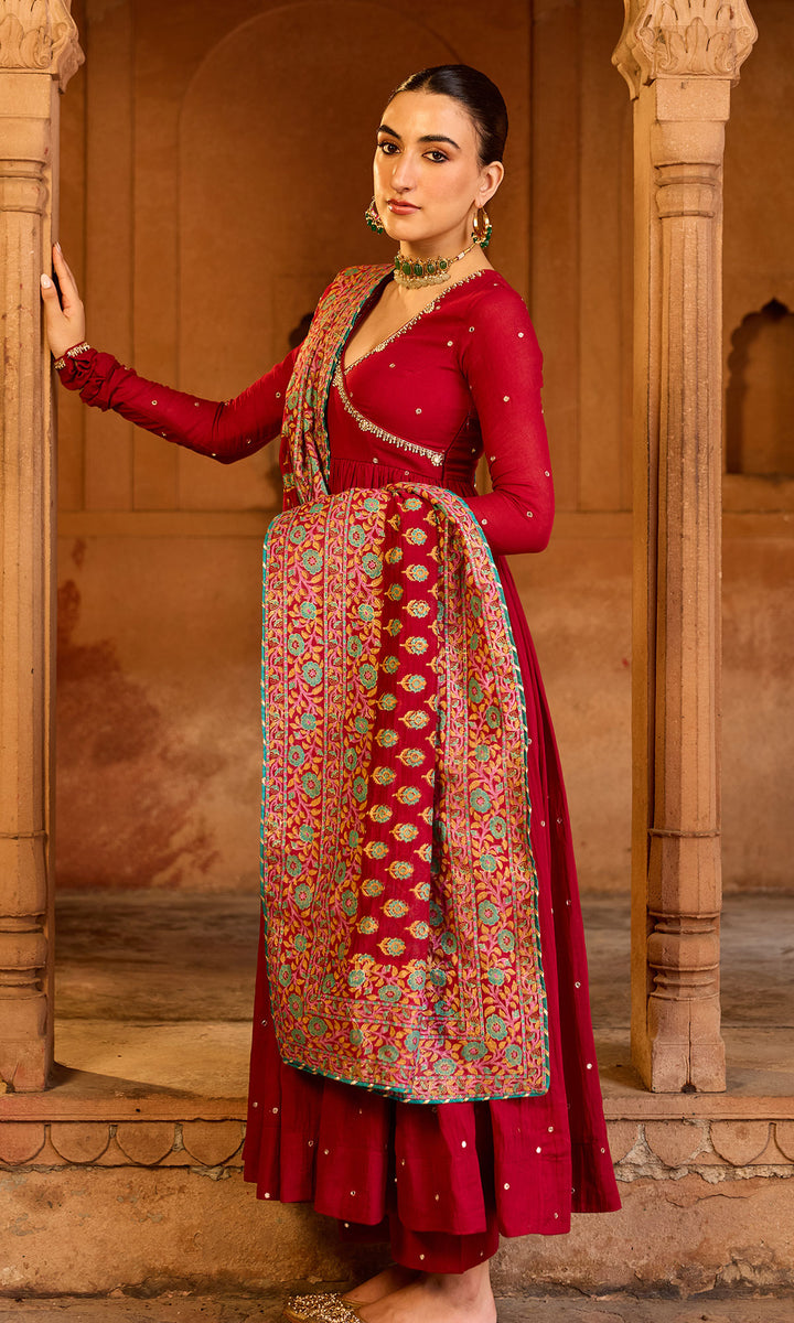 Boond 3.0 red solid angrakha anarkali with palazzo and  dupatta (set of 3)