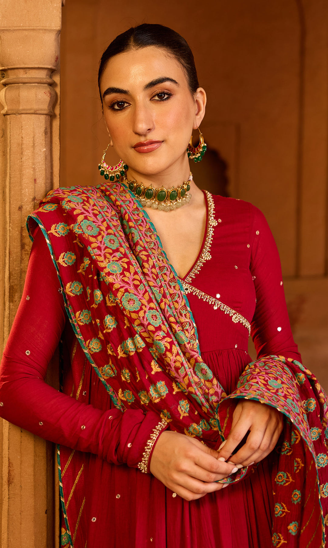 Boond 3.0 red solid angrakha anarkali with palazzo and  dupatta (set of 3)