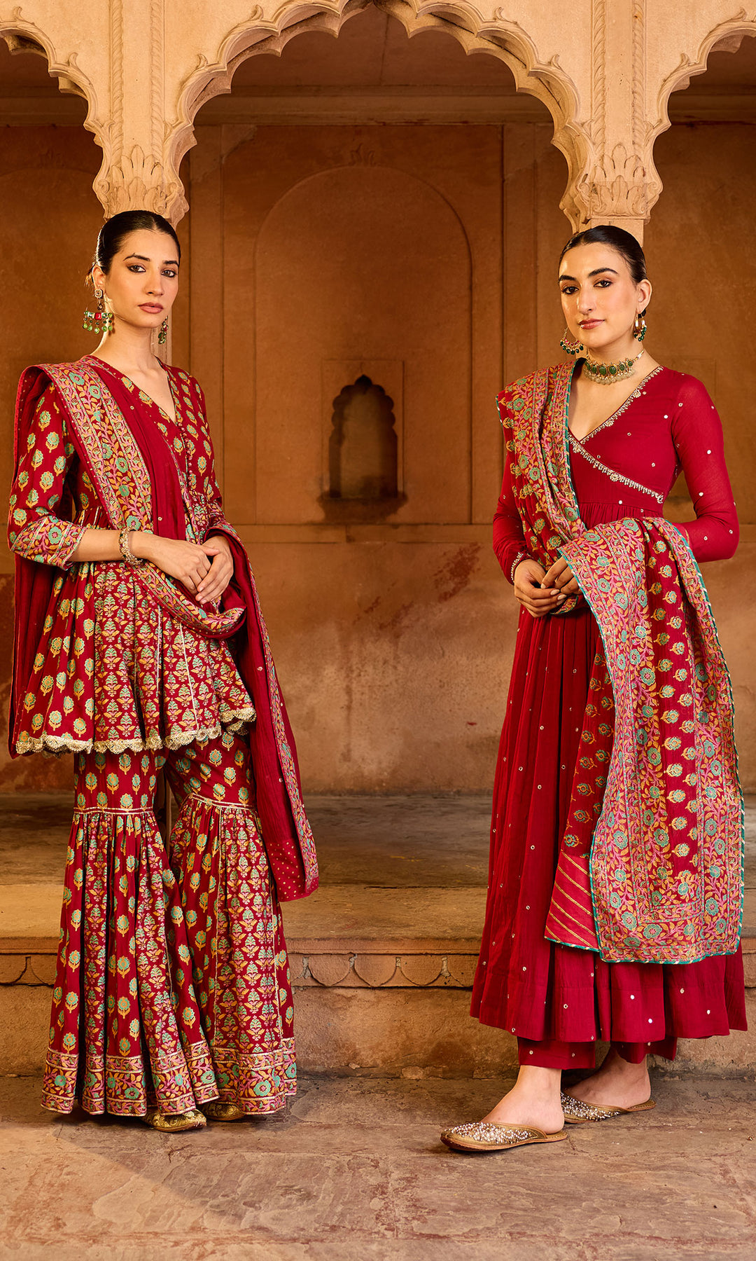 Boond 3.0 red solid angrakha anarkali with palazzo and  dupatta (set of 3)