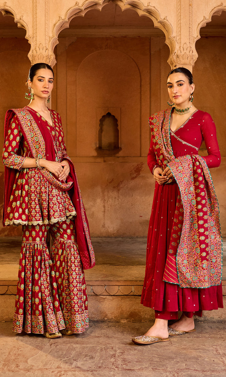 Boond 3.0 red solid angrakha anarkali with palazzo and  dupatta (set of 3)