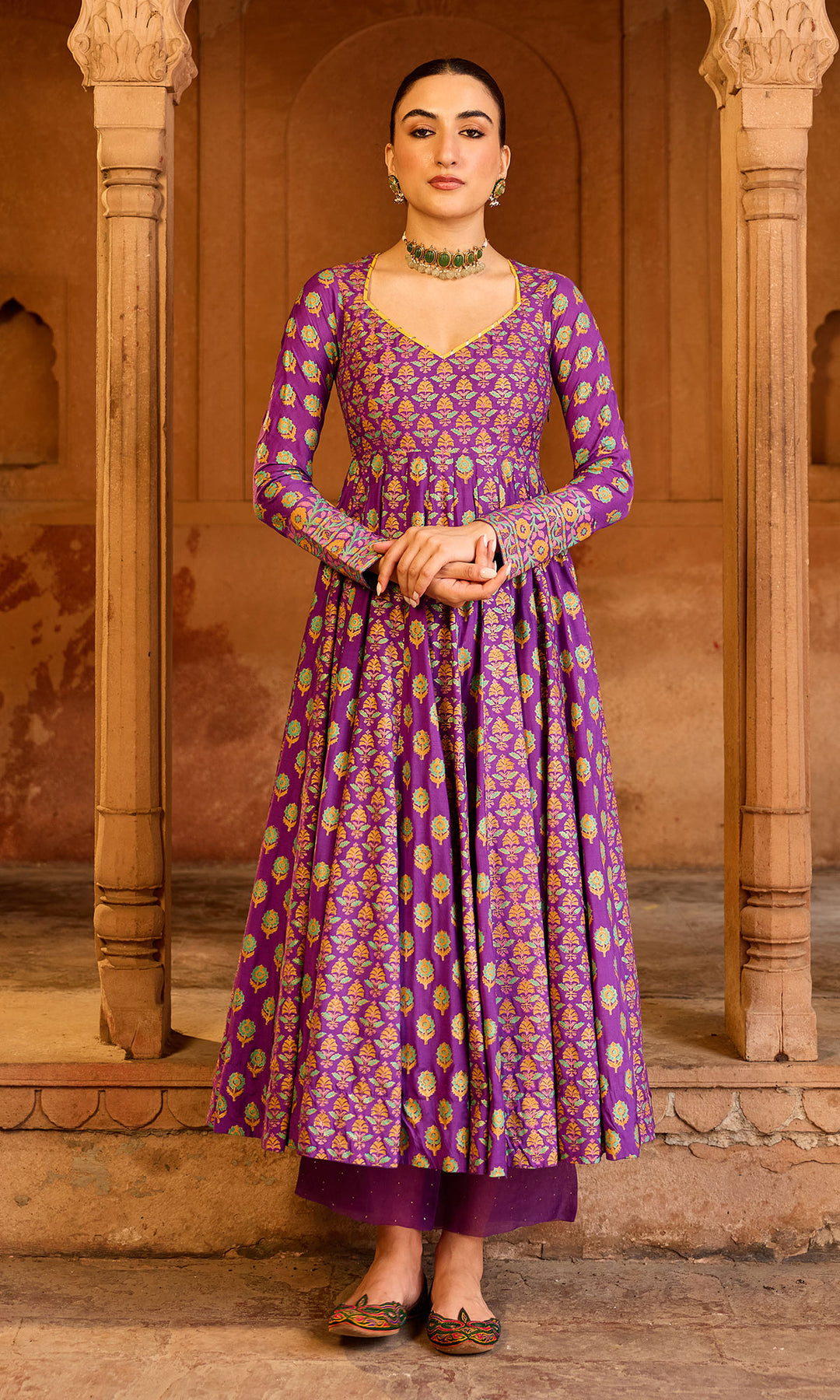 Boond 3.0 purple block printed anarkali with palazzo and dupatta (Set of 3)