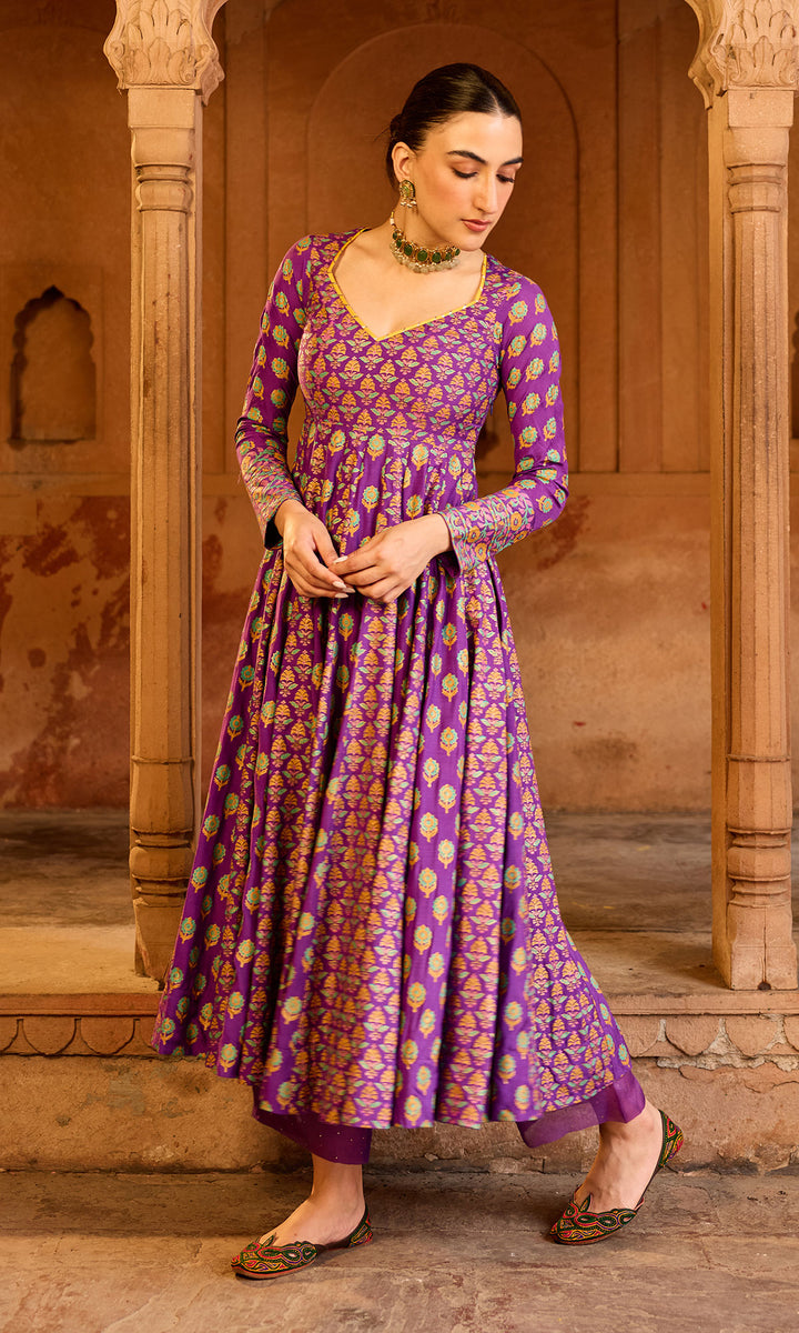 Boond 3.0 purple block printed anarkali with palazzo and dupatta (Set of 3)