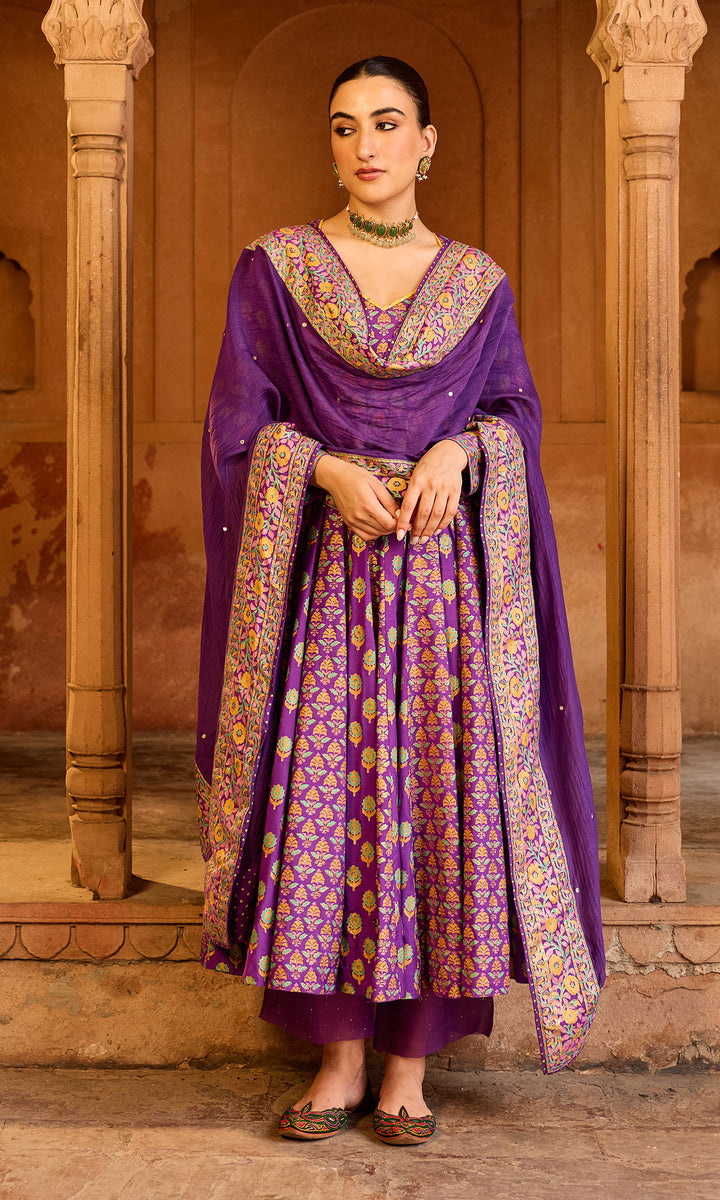 Boond 3.0 purple block printed anarkali with palazzo and dupatta (Set of 3)