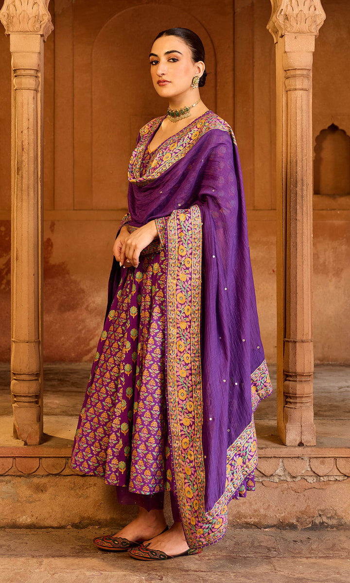 Boond 3.0 purple block printed anarkali with palazzo and dupatta (Set of 3)