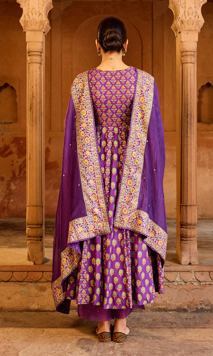 Boond 3.0 purple block printed anarkali with palazzo and dupatta (Set of 3)