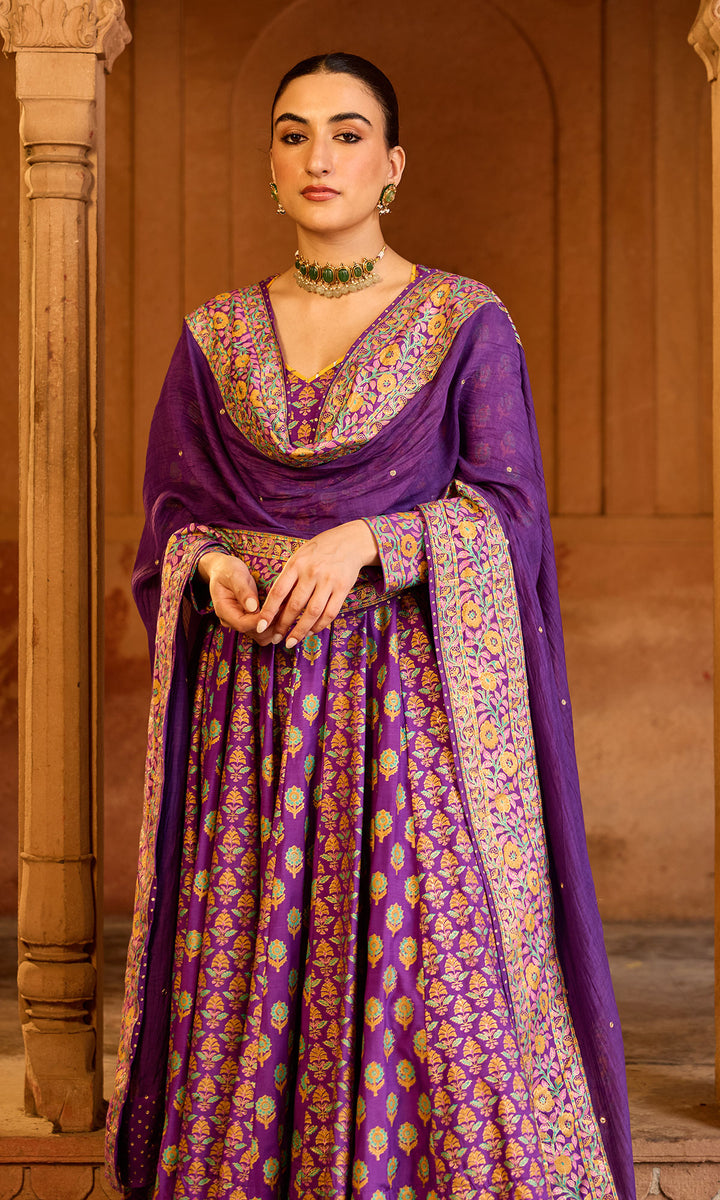 Boond 3.0 purple block printed anarkali with palazzo and dupatta (Set of 3)