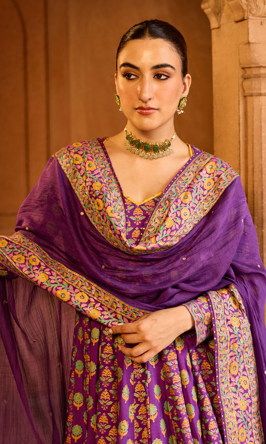 Boond 3.0 purple block printed anarkali with palazzo and dupatta (Set of 3)