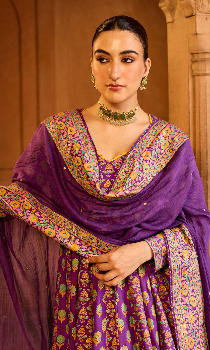 Boond 3.0 purple block printed anarkali with palazzo and dupatta (Set of 3)