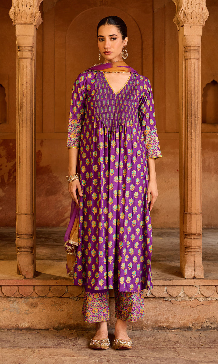 Boond 3.0 purple Block print pintuck kurta with palazzo and leheriya dupatta (set of 3)