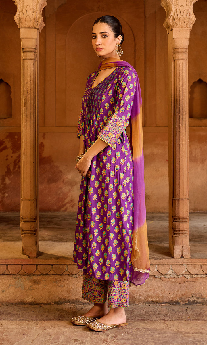 Boond 3.0 purple Block print pintuck kurta with palazzo and leheriya dupatta (set of 3)