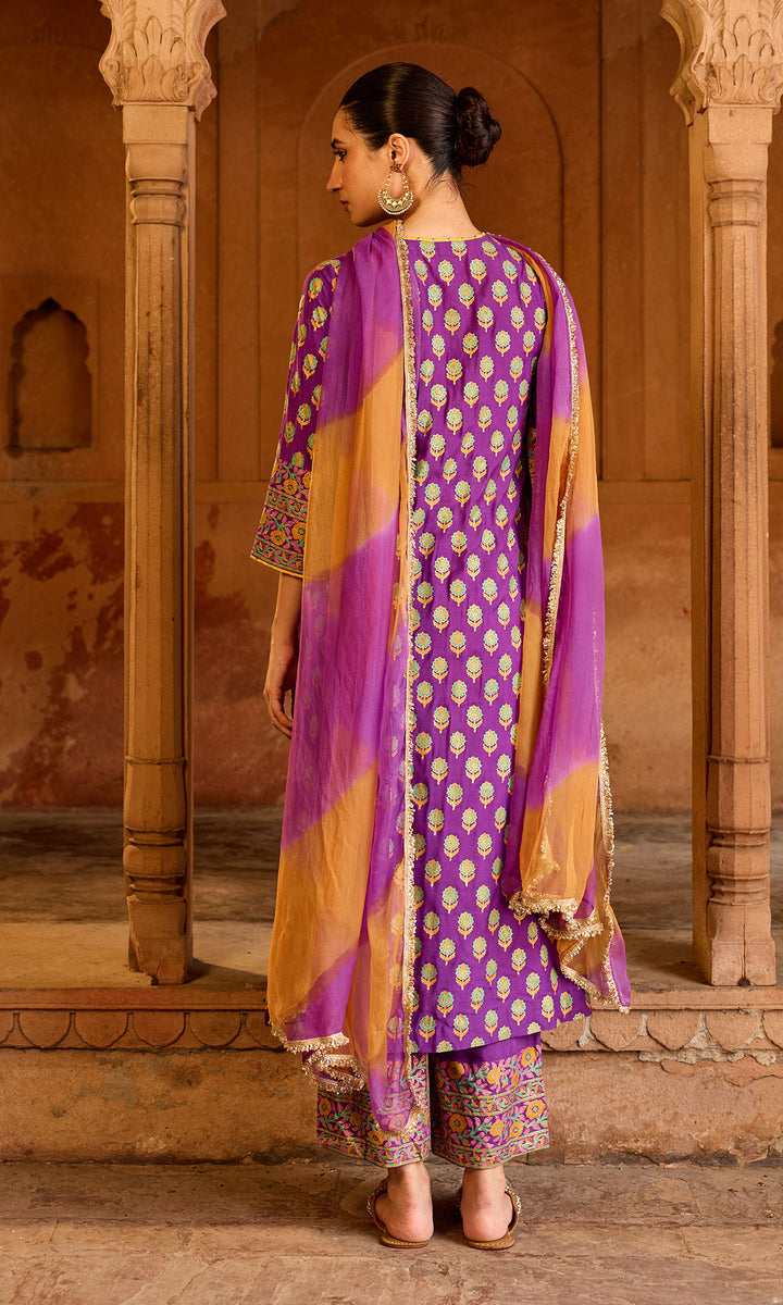 Boond 3.0 purple Block print pintuck kurta with palazzo and leheriya dupatta (set of 3)