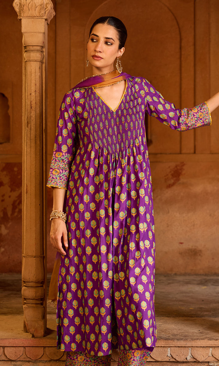 Boond 3.0 purple Block print pintuck kurta with palazzo and leheriya dupatta (set of 3)