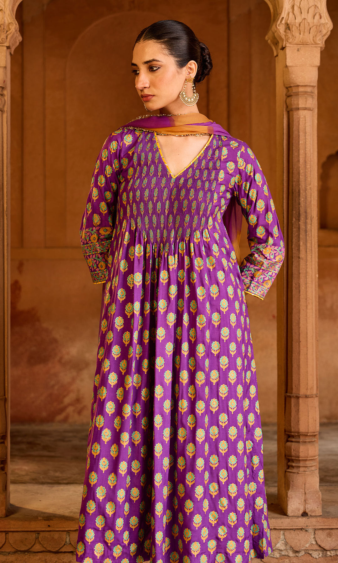 Boond 3.0 purple Block print pintuck kurta with palazzo and leheriya dupatta (set of 3)