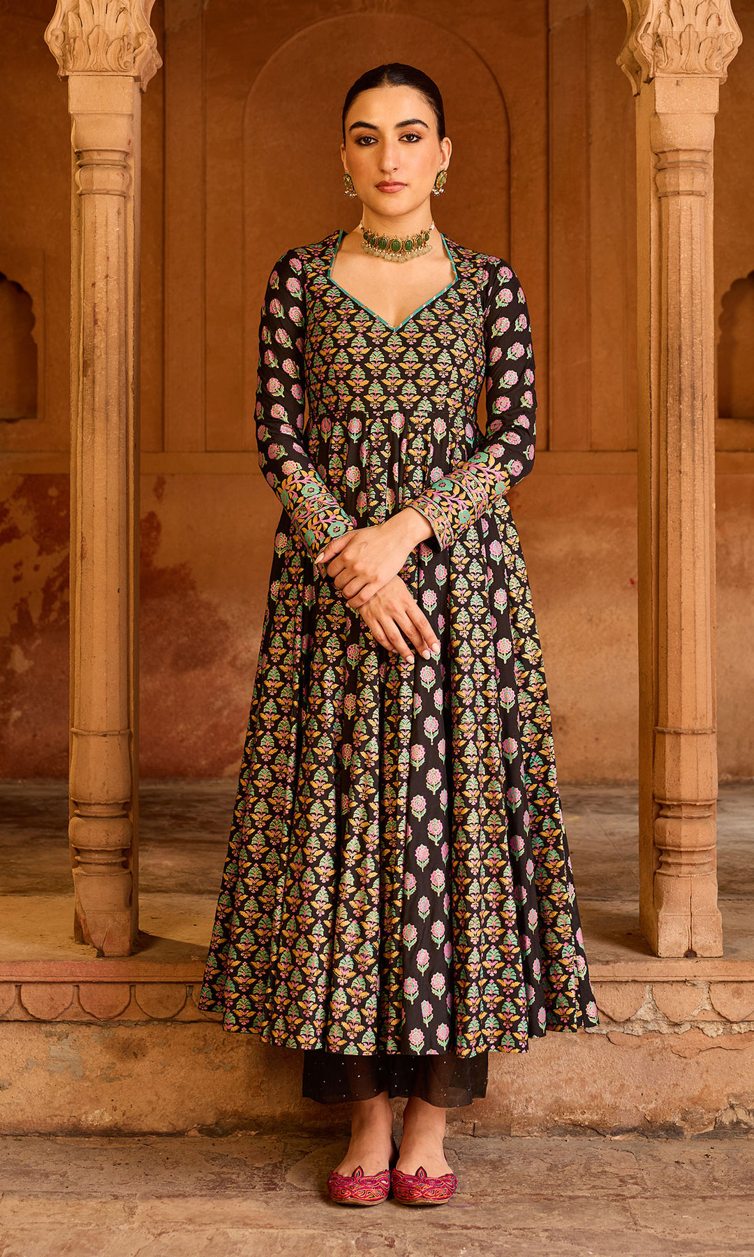 Boond 3.0 black block printed anarkali with palazzo and dupatta (Set of 3)