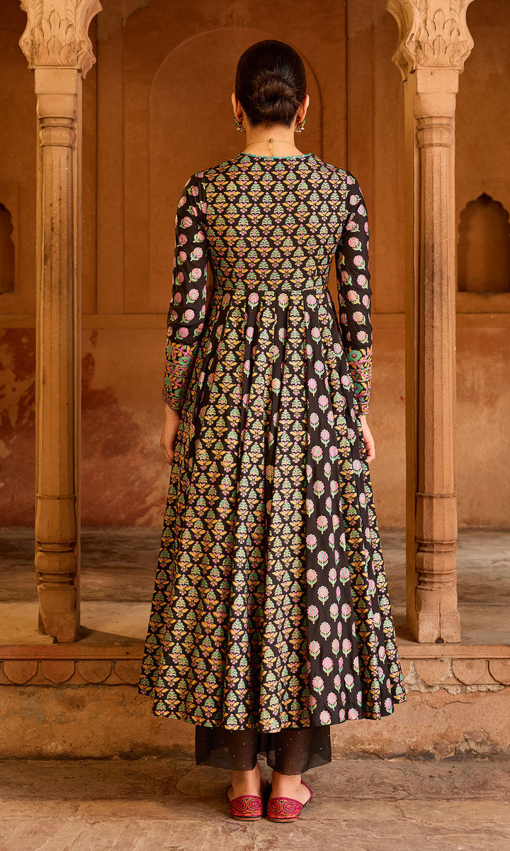 Boond 3.0 black block printed anarkali with palazzo and dupatta (Set of 3)