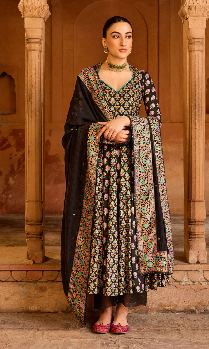 Boond 3.0 black block printed anarkali with palazzo and dupatta (Set of 3)